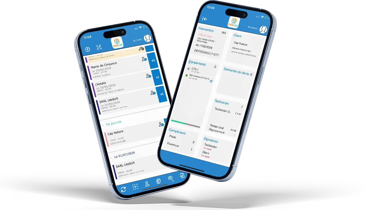 Application mobile Looty : tournée du jour et fiche d'intervention sur deux smartphones